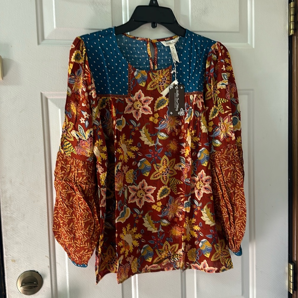 MATILDA JANE PRINTED LONG SLEEVE BLOUSE:ORANGE/BLUE: NEW WITH TAGS:SMALL
